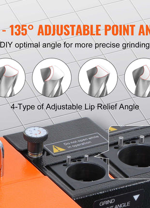Orange and black point angle grinder with 95°-135° adjustable angles for precise grinding and 4 types of lip relief adjustment.