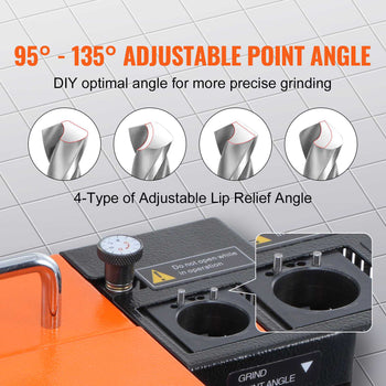 Orange and black point angle grinder with 95°-135° adjustable angles for precise grinding and 4 types of lip relief adjustment.