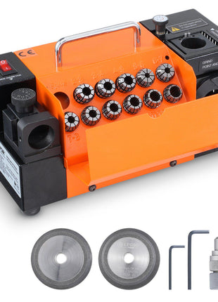 Orange and black electric wire stripping machine with two spare blades and tools for precision cutting.