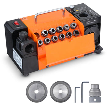Orange and black electric wire stripping machine with two spare blades and tools for precision cutting.