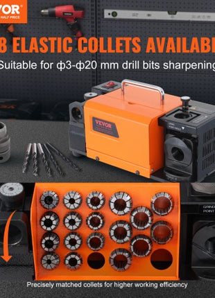 Drill Bits Sharpener, 3-20mm End Mill Grinder Sharpener, Lip Relief Angle & 95°-135° Point Angle Adjustable Drill Bit Re-Sharpener, Portable Sharpening Machine with 18 Collets, CBN & SDC Wheel