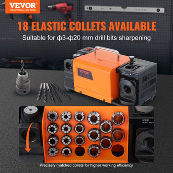 Drill Bits Sharpener, 3-20mm End Mill Grinder Sharpener, Lip Relief Angle & 95°-135° Point Angle Adjustable Drill Bit Re-Sharpener, Portable Sharpening Machine with 18 Collets, CBN & SDC Wheel