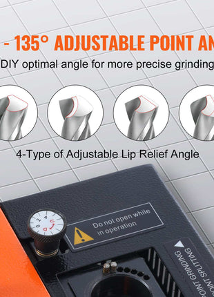 Adjustable point angle tool, orange and black, precision grinding, custom lip relief settings from 95° to 135°.