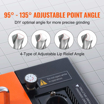 Adjustable point angle tool, orange and black, precision grinding, custom lip relief settings from 95° to 135°.