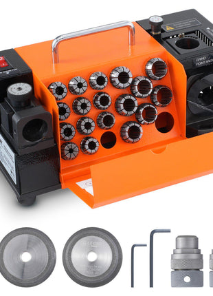 Orange and black precision mini lathe with 16 collets, two cutting discs, and hex keys for metalworking projects.