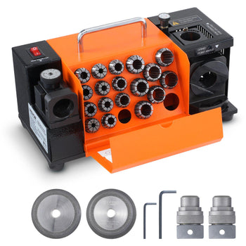 Orange and black precision mini lathe with 16 collets, two cutting discs, and hex keys for metalworking projects.
