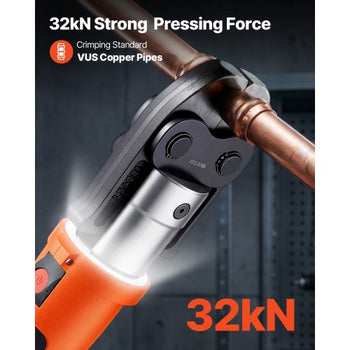 Press Tool, 18V Electric Crimping Tool for 1/2", 3/4", 1", 1-1/4", 1-1/2", 2" Copper Pipes, 32KN Press Tool Compatible with ProPress - with 6 VUS Jaws, 2PCS 4AH Batteries, Charger & Toolbox