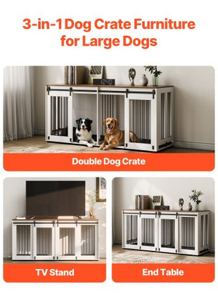 72" Dog Crate Furniture for 2 Dogs, Double Dog Crate Furniture with Double Sliding Doors, Large Dog Crate TV Stand with Removable Tray, Steel Frame Double Dog Crate for Small, Medium, Large Dogs White