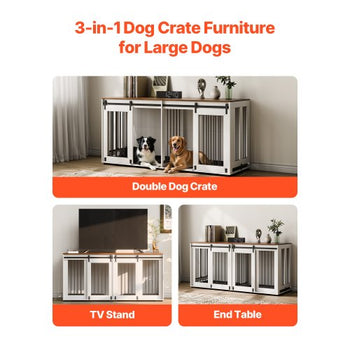 72" Dog Crate Furniture for 2 Dogs, Double Dog Crate Furniture with Double Sliding Doors, Large Dog Crate TV Stand with Removable Tray, Steel Frame Double Dog Crate for Small, Medium, Large Dogs White