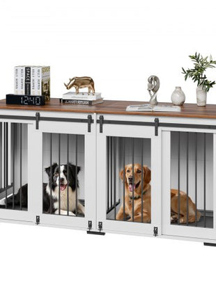 72" Dog Crate Furniture for 2 Dogs, Double Dog Crate Furniture with Double Sliding Doors, Large Dog Crate TV Stand with Removable Tray, Steel Frame Double Dog Crate for Small, Medium, Large Dogs White