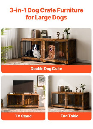 75" Dog Crate Furniture for 2 Dogs, Extra Large Double Dog Crate Furniture Large Breed with Divider & Double Doors, Large Wooden Dog Crate Furniture TV Stand for Medium Large Dogs Brown