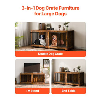 75" Dog Crate Furniture for 2 Dogs, Extra Large Double Dog Crate Furniture Large Breed with Divider & Double Doors, Large Wooden Dog Crate Furniture TV Stand for Medium Large Dogs Brown