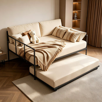 Full Size Daybed with Pop Up Trundle Twin Size Metal Day Bed Frame, for Living Room Bedroom Guest Room, Sturdy Metal Design, Space Saving Sofa Bed, 2 Lockable Casters, Easy Assembly, Black