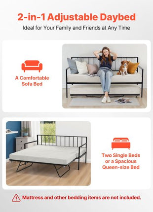 Twin Size Daybed Frame, Height Adjustable Day Bed with Trundle, Heavy Duty Metal Platform Bed Frame with LED Light and Charging Station, Twin Daybed with Metal Slats for Living Room, Bedroom