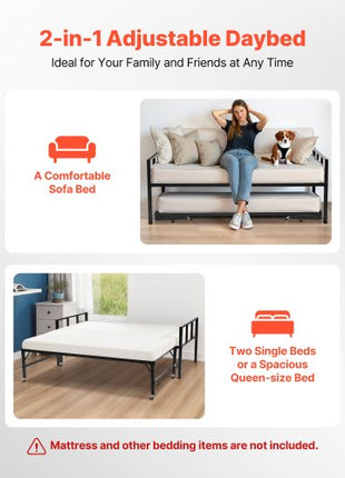 Twin Size Daybed Frame, Day Bed with Trundle, Heavy Duty Metal Platform Bed Frame, Twin Daybed with Metal Slats Support for Living Room, Bedroom, Guest Room, Easy Assembly, Black