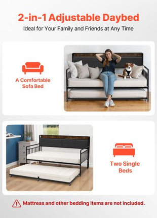 Twin Size Daybed Frame, Day Bed with Trundle, Heavy Duty Metal Platform Bed Frame with Charging Station, Twin Daybed with Metal Slats Support for Living Room, Bedroom, Guest Room, Easy Assembly