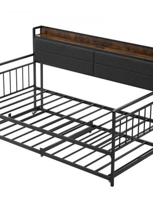 Twin Size Daybed Frame, Day Bed with Trundle, Heavy Duty Metal Platform Bed Frame with Charging Station, Twin Daybed with Metal Slats Support for Living Room, Bedroom, Guest Room, Easy Assembly
