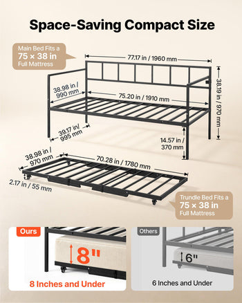 Twin Daybed with Pop Up Trundle Metal Charging Station LED Light, for Living Room Bedroom Guest Room, Heavy Duty Twin Size Sofa Day Bed Frame, Height Adjustable, with Lockable Casters, Black