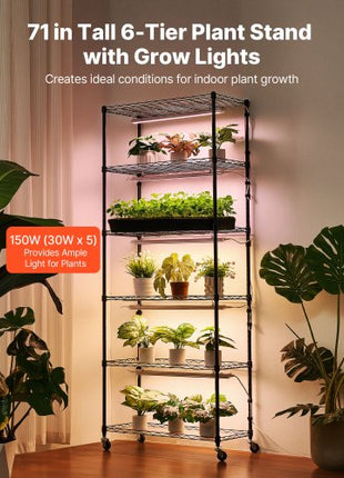 Plant Shelf with Grow Light, 6-Tier Indoor Plant Stand, 71in Tall Plants Display Rack with Wheels & 4/9/14H Timer, 150W 3-Color Full Spectrum Grow Lights, Flower Pot Holder for Seed Starting