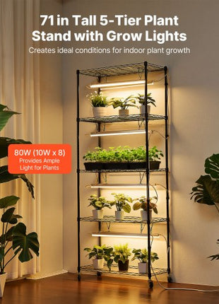 Plant Shelf with Grow Light, 5-Tier Indoor Plant Stand, 71 in Tall Plants Display Rack with Wheels & 4/9/14H Timer, 80W T5 LED Full Spectrum Grow Lights, Flower Pot Holder for Seed Starting