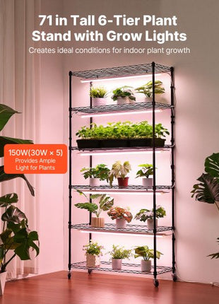 Plant Shelf with Grow Light, 6-Tier Indoor Plant Stand, 71in Tall Indoor Plants Display Rack with Wheels & Timer, 150W 3800K Full Spectrum Grow Lights, Metal Flower Pot Holder for Seed Starting