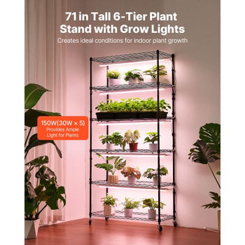 Plant Shelf with Grow Light, 6-Tier Indoor Plant Stand, 71in Tall Indoor Plants Display Rack with Wheels & Timer, 150W 3800K Full Spectrum Grow Lights, Metal Flower Pot Holder for Seed Starting