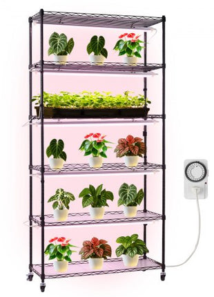 Plant Shelf with Grow Light, 6-Tier Indoor Plant Stand, 71in Tall Indoor Plants Display Rack with Wheels & Timer, 150W 3800K Full Spectrum Grow Lights, Metal Flower Pot Holder for Seed Starting