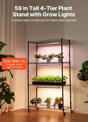 Plant Shelf with Grow Light, 4-Tier Indoor Plant Stand, 59in Tall Plants Display Rack with Wheels, 90W 3-Color Full Spectrum Grow Lights, Heavy Duty Metal Flower Pot Holder for Seed Starting