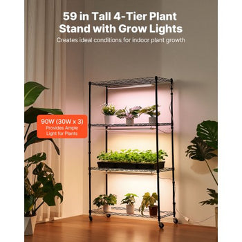 Plant Shelf with Grow Light, 4-Tier Indoor Plant Stand, 59in Tall Plants Display Rack with Wheels, 90W 3-Color Full Spectrum Grow Lights, Heavy Duty Metal Flower Pot Holder for Seed Starting
