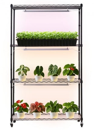 Plant Shelf with Grow Light, 4-Tier Indoor Plant Stand, 59in Tall Plants Display Rack with Wheels, 90W 3-Color Full Spectrum Grow Lights, Heavy Duty Metal Flower Pot Holder for Seed Starting