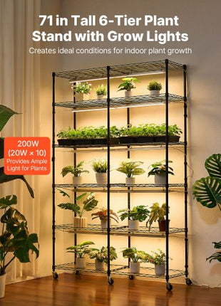 Plant Shelf with Grow Light, 6-Tier Double-Row Plant Stand, 71in Tall Indoor Plants Display Rack with Wheels & Timer, 200W Full Spectrum Grow Lights, Metal Flower Pot Holder for Seed Starting
