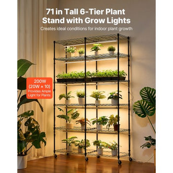 Plant Shelf with Grow Light, 6-Tier Double-Row Plant Stand, 71in Tall Indoor Plants Display Rack with Wheels & Timer, 200W Full Spectrum Grow Lights, Metal Flower Pot Holder for Seed Starting