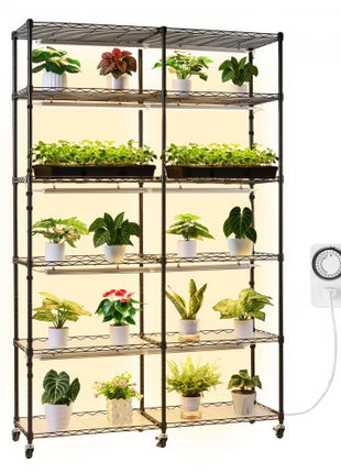 Plant Shelf with Grow Light, 6-Tier Double-Row Plant Stand, 71in Tall Indoor Plants Display Rack with Wheels & Timer, 200W Full Spectrum Grow Lights, Metal Flower Pot Holder for Seed Starting