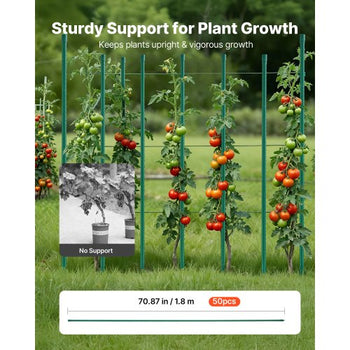 Garden Stakes, 50 Pack, 70.87 inch, Plastic Coated Metal Tomato Stakes, Garden Sticks for Plants Support, with Pointed End and Non-Slip Bumps for Growing Climbing Plants, Outdoor Vegetables