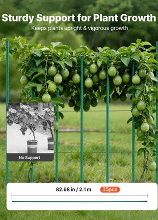 Garden Stakes, 25 Pack, 82.68 inch, Plastic Coated Metal Tomato Stakes, Garden Sticks for Plants Support, with Pointed End and Non-Slip Bumps for Growing Climbing Plants, Outdoor Vegetables