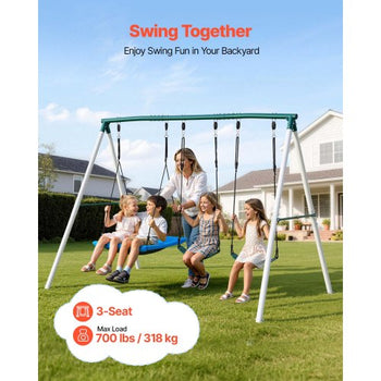 Swing Set for Backyard, 45 x 30 in Swing Seat and Two Belt Seats, with Heavy Duty A-Frame Metal Stand, 700 lbs Load Capacity, Reinforced with Spiral Ground Anchors, Swingset Outdoor for Kids
