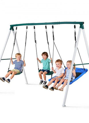Swing Set for Backyard, 45 x 30 in Swing Seat and Two Belt Seats, with Heavy Duty A-Frame Metal Stand, 700 lbs Load Capacity, Reinforced with Spiral Ground Anchors, Swingset Outdoor for Kids