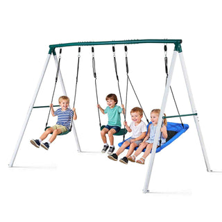 Swing Set for Backyard, 45 x 30 in Swing Seat and Two Belt Seats, with Heavy Duty A-Frame Metal Stand, 700 lbs Load Capacity, Reinforced with Spiral Ground Anchors, Swingset Outdoor for Kids