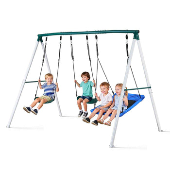 Swing Set for Backyard, 45 x 30 in Swing Seat and Two Belt Seats, with Heavy Duty A-Frame Metal Stand, 700 lbs Load Capacity, Reinforced with Spiral Ground Anchors, Swingset Outdoor for Kids