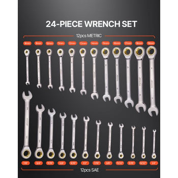 Combination Wrench Set, 24-Piece Ratcheting Wrench Set with Organizer Rack, Cr-V Steel Wrench Set SAE 1/4" to 7/8", Metric 8 mm to 19 mm, Ideal for General Household, Auto Repairs, Emergency