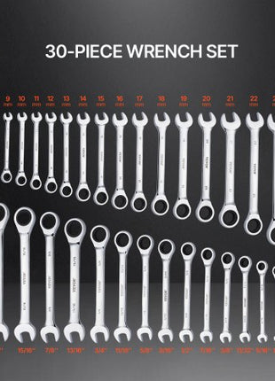 Combination Wrench Set, 30-Piece Ratcheting Wrench Set with Organizer Rack, Cr-V Steel Wrench Set SAE 1/4" to 1", Metric 8 mm to 24 mm, Ideal for General Household, Garage, Workshop, Emergency