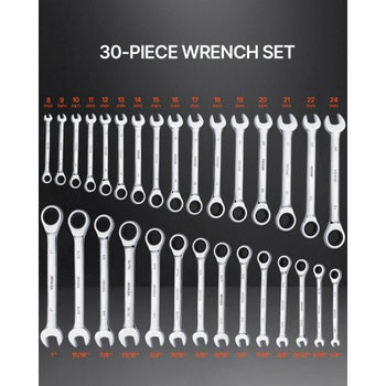 Combination Wrench Set, 30-Piece Ratcheting Wrench Set with Organizer Rack, Cr-V Steel Wrench Set SAE 1/4" to 1", Metric 8 mm to 24 mm, Ideal for General Household, Garage, Workshop, Emergency