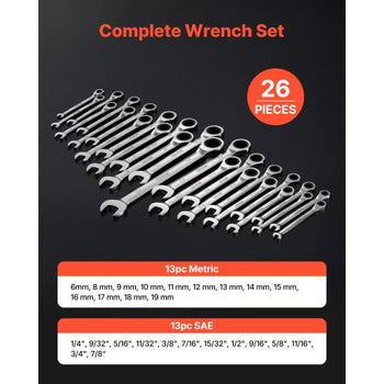 Combination Wrench Set, 26-Piece SAE and Metric, 72 Teeth, Cr-V Steel Ratcheting Wrench Set, with Rack Organizer, Open End, Clear Size Labels, for General Household, Automotive Repairs, Silver