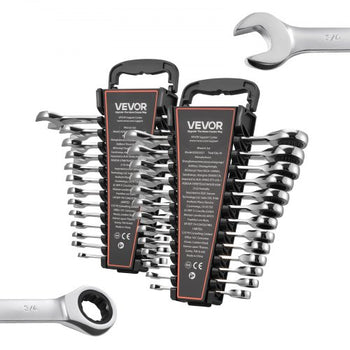 Combination Wrench Set, 26-Piece SAE and Metric, 72 Teeth, Cr-V Steel Ratcheting Wrench Set, with Rack Organizer, Open End, Clear Size Labels, for General Household, Automotive Repairs, Silver