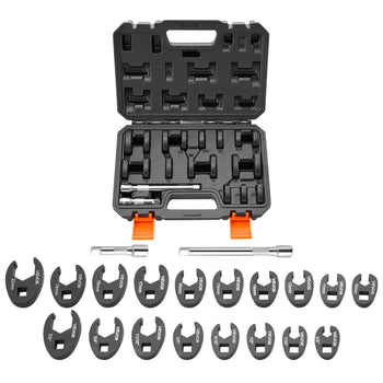 Crowfoot Wrench Set, 3/8" Drive, 20-Piece Metric and SAE Size Flare Nut Crows Foot Wrenches, with Storage Case, Dual Size Markings on Tools and Case, for Auto Maintenance