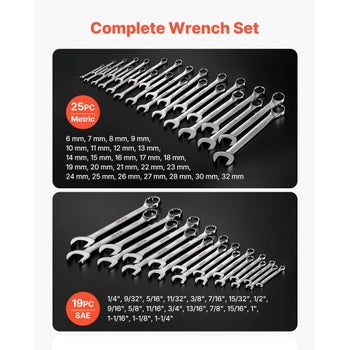 Combination Wrench Set, 44-Piece SAE and Metric, 12-Point Box End and 15° Angled Open End Combination Wrenches with Roll Up Pouch, Carbon Steel, for General Household and Automotive Repairs