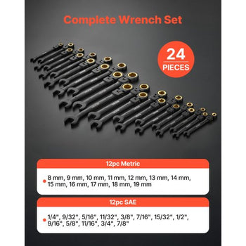 Flex-Head Ratcheting Wrench Set, 24-Piece SAE and Metric, 72 Teeth, Cr-V Steel Ratchet Flexible Combination Wrench Set with Storage Case, for General Household and Automotive Repairs, Black