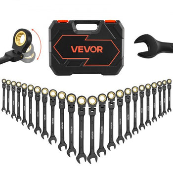 Flex-Head Ratcheting Wrench Set, 24-Piece SAE and Metric, 72 Teeth, Cr-V Steel Ratchet Flexible Combination Wrench Set with Storage Case, for General Household and Automotive Repairs, Black