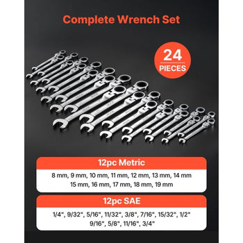 Flex-Head Ratcheting Wrench Set, 24-Piece SAE and Metric, 72 Teeth, Cr-V Steel Ratchet Flexible Combination Wrench Set with Storage Case, for General Household and Automotive Repairs, Silver