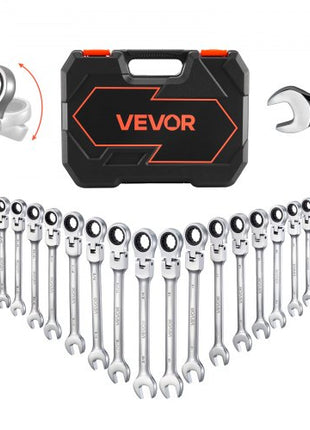 Flex-Head Ratcheting Wrench Set, 24-Piece SAE and Metric, 72 Teeth, Cr-V Steel Ratchet Flexible Combination Wrench Set with Storage Case, for General Household and Automotive Repairs, Silver